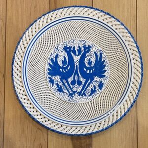 Elegant Blue and White Decorative Ceramic Plate - Handmade - basket weave detail